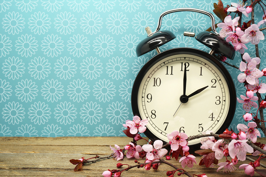 image of clock on table with wallpaper and flowers